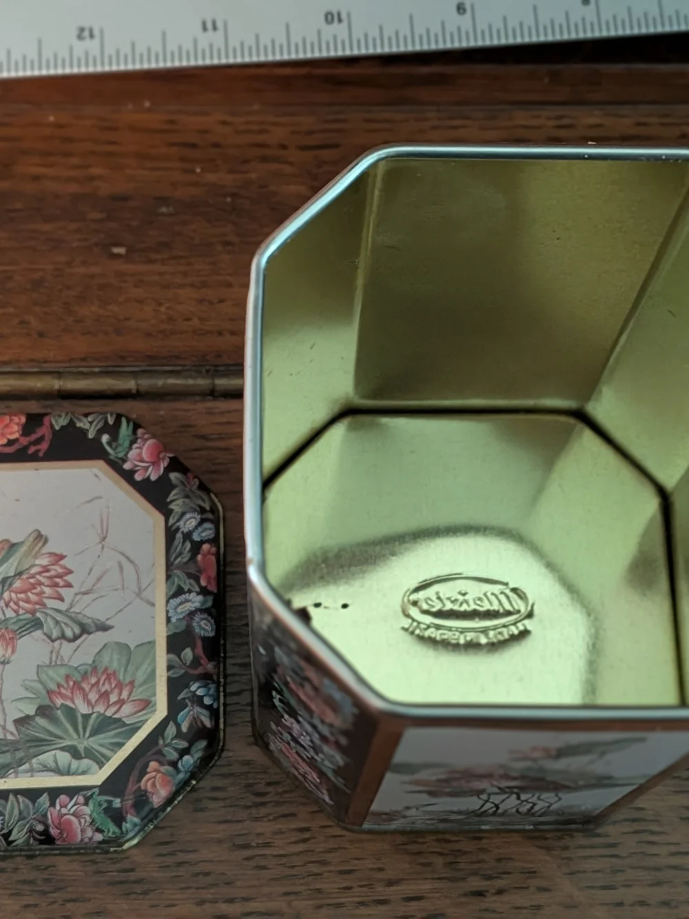 Meister Brazil Octagonal Tin Lotus Crane Floral Brass Chinoiserie